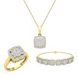 Round White Diamond Cluster Style Filigree Grooved Sides Pendant, Ring & Bracelet Set for Her (2.72 ctw, Color I-J, Clarity I2-I3) in 10K Yellow Gold