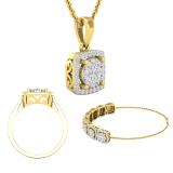 Round White Diamond Cluster Style Filigree Grooved Sides Pendant, Ring & Bracelet Set for Her (2.72 ctw, Color I-J, Clarity I2-I3) in 10K Yellow Gold