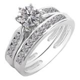 0.95 Carat (ctw) 18K White Gold Round Lab Grown White Diamond Ladies Engagement Ring Set 1 CT