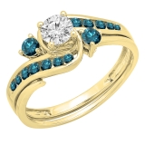 0.95 Carat (ctw) 10K Yellow Gold Round Blue & Lab Grown White Diamond Ladies Ring Set 1 CT