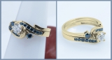 0.95 Carat (ctw) 10K Yellow Gold Round Blue & Lab Grown White Diamond Ladies Ring Set 1 CT