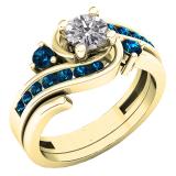 0.95 Carat (ctw) 14K Yellow Gold Round Blue & Lab Grown White Diamond Ladies Ring Set 1 CT