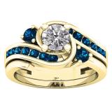 0.95 Carat (ctw) 14K Yellow Gold Round Blue & Lab Grown White Diamond Ladies Ring Set 1 CT