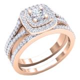 4mm Center Round Lab Grown Diamond Halo Split Shank Wedding Ring Set for Her (0.87 ctw, Color H-I, Clarity SI2) in 14K Rose Gold