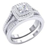 4mm Center Round Lab Grown Diamond Halo Split Shank Wedding Ring Set for Her (0.87 ctw, Color H-I, Clarity SI2) in 18K White Gold