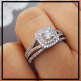 4mm Center Round Lab Grown Diamond Halo Split Shank Wedding Ring Set for Her (0.87 ctw, Color H-I, Clarity SI2) in 18K White Gold