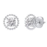 1.80 Carat (cttw) Round Lab Grown White Diamond Ladies Beaded Style Solitaire Stud Earrings 18K White Gold