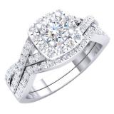 5mm Center Round Lab Grown White Diamond Halo Cushion Shaped Criss Cross Wedding Ring Set for Women (1.00 ctw, Color H-I, Clarity SI2) in 925 Sterling Silver