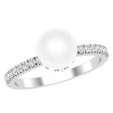 8 mm Round White Freshwater Pearl & Lab Grown Diamond Women Dainty Engagement Ring | 14K White Gold
