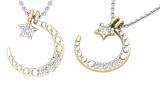 Round Lab Grown White Diamond Three Stone Half Crescent Moon with Tiny Star Pendant for Women (0.10 ctw, Color H-I, Clarity SI2) | 10K Yellow Gold