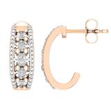 Round Lab Grown White Diamond Center Row and Beaded Outer Ribbons Modish J Shape Pushback Hoop Earrings for Her (0.10 ctw, Color H-I, Clarity SI2) | 10K Rose Gold