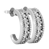 Round Lab Grown White Diamond Center Row and Beaded Outer Ribbons Modish J Shape Pushback Hoop Earrings for Her (0.10 ctw, Color H-I, Clarity SI2) | 18K White Gold