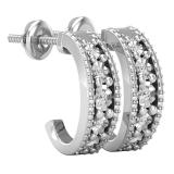 Round Lab Grown White Diamond Center Row and Beaded Outer Ribbons Modish J Shape Screwback Hoop Earrings for Her (0.10 ctw, Color H-I, Clarity SI2) | 925 Sterling Silver