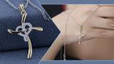 Round Lab Grown White Diamond Heart Swirl Cross Pendant with 18 Inch Silver Chain for Women (0.11 ctw, Color H-I, Clarity SI2) in 18K Yellow Gold