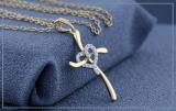 Round Lab Grown White Diamond Heart Swirl Cross Pendant with 18 Inch Gold Chain for Women (0.11 ctw, Color H-I, Clarity SI2) in 14K Yellow Gold