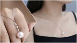 10mm Freshwater Pearl & 0.18 ctw Lab Grown White Diamond 3 Stone Drop Down Pendant with 18 Inch Gold Chain for Women in 10K White Gold