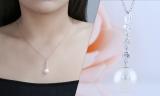 10mm Freshwater Pearl & 0.18 ctw Lab Grown White Diamond 3 Stone Drop Down Pendant with 18 Inch Gold Chain for Women in 10K White Gold