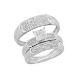Lab Grown White Diamond Square Shaped Head Wedding Trio Ring Set For Men & Women (0.30 ctw Color H-I Clarity SI2) in 925 Sterling Silver