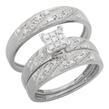 Round Lab Grown White Diamond Square Frame Matching Wedding Trio Ring Set for Him & Her (0.28 ctw, Color H-I, Clarity SI2) in 925 Sterling Silver