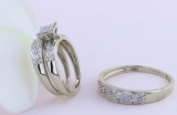 Round Lab Grown White Diamond Square Frame Matching Wedding Trio Ring Set for Him & Her (0.28 ctw, Color H-I, Clarity SI2) in 925 Sterling Silver