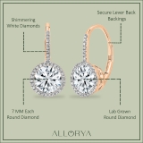 18K Rose Gold Lever-back Earrings, IGI Certified 1.50 ctw Round Lab Grown Diamond