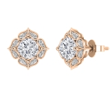 18K Rose Gold Flower Stud Earrings, IGI Certified 2.65 CT Cushion and Round Lab Grown Diamond in Push Back