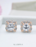 18K Rose Gold Flower Stud Earrings, IGI Certified 2.65 CT Cushion and Round Lab Grown Diamond in Push Back