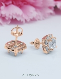 18K Rose Gold Flower Stud Earrings, IGI Certified 2.65 CT Cushion and Round Lab Grown Diamond in Push Back