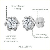 10K White Gold Flower Shape Stud Earrings, IGI Certified 1.70 CT Round Lab Grown Diamond in Push Back