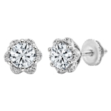 10K White Gold Flower Shape Stud Earrings, IGI Certified 1.70 CT Round Lab Grown Diamond in Screw Back