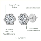 10K White Gold Flower Shape Stud Earrings, IGI Certified 1.70 CT Round Lab Grown Diamond in Screw Back