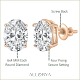 18K Rose Gold 4 Prong Solitaire Stud Earrings, IGI Certified 1.30 CT Oval Lab Grown Diamond in Screw Back