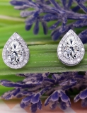 10K White Gold Halo Stud Earrings, IGI Certified 1.46 CT Pear and Round Lab Grown Diamond in Screw Back