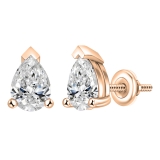 18K Rose Gold Solitaire Stud Earrings, IGI Certified 1.50 CT Pear Lab Grown Diamond in Screw Back