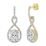 14K Yellow Gold Halo Drop Dangle Earrings, IGI Certified 6.75 ctw Oval and Round Lab Grown Diamond in Push Back