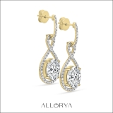 14K Yellow Gold Halo Drop Dangle Earrings, IGI Certified 6.75 ctw Oval and Round Lab Grown Diamond in Push Back