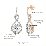 18K Rose Gold Halo Drop Dangle Earrings, IGI Certified 6.75 ctw Oval and Round Lab Grown Diamond in Screw Back