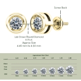 0.75 Cttw Round Lab Grown White Diamond Elegant Solitaire Bezel Set Screw Back Stud Earrings for Women in 14K Solid Yellow Gold