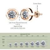 IGI Certified 1.00 Cttw Round Lab Grown White Diamond Elegant Solitaire Bezel Set Screw Back Stud Earrings for Women in 18K Solid Rose Gold