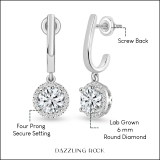 IGI Certified 1.82 Carat Center & Side Round Lab Grown Diamond Four Prong Halo Style Dangle Earrings, 10K White Gold in Screw Back