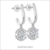 IGI Certified 1.82 Carat Center & Side Round Lab Grown Diamond Four Prong Halo Style Dangle Earrings, 10K White Gold in Screw Back