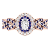 Lab Grown Center Oval and Side Round White Diamond with Round Blue Sapphire Alternate Interweaving Double Halo Wedding Ring for Women in 18K Rose Gold