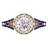 Round Lab Grown Center & Side White Diamond with Blue Sapphire Split Shank Engagement Ring for Women in 18K Rose Gold