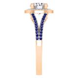 Round Lab Grown Center & Side White Diamond with Blue Sapphire Split Shank Engagement Ring for Women in 18K Rose Gold