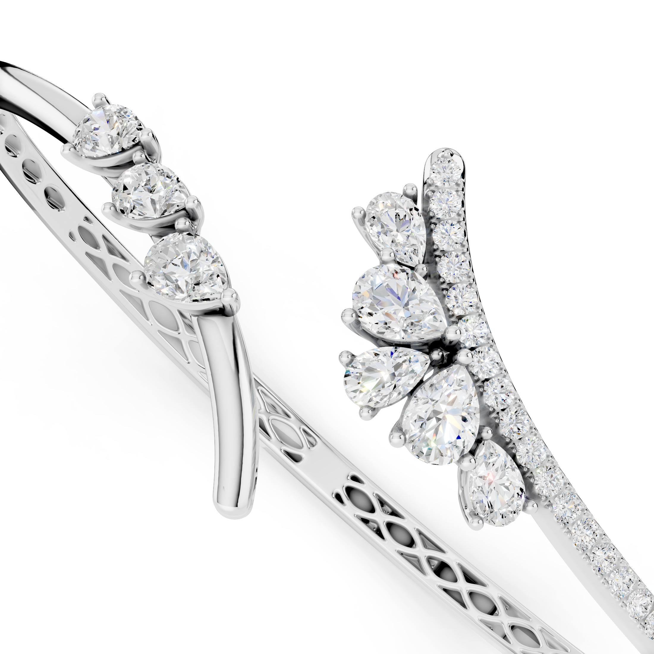Pear (1.34 Ct) and Round (0.18 Ct) Lab Grown White Diamond Cluster Curve Bangle Bracelet for Women in 925 Sterling Silver