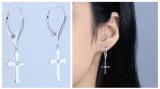 Round Lab Grown White Diamond Cross Drop Lever Back Men's & Women's (Unisex) Earrings (0.14 ct. Color H-I, Clarity SI2) in 925 Sterling Silver