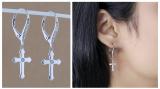 Round Lab Grown White Diamond Cross Drop Lever Back Men's & Women's (Unisex) Earrings (0.14 ct. Color H-I, Clarity SI2) in 925 Sterling Silver
