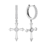 2.5mm Each Centre Round Lab Grown White Diamond Beaded Edge Dangle Cross Unisex Hinged Post Hoop Earrings (0.37 ctw, Color H-I, Clarity SI2) in 925 Sterling Silver