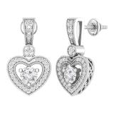 4.5mm Round Lab Grown White Diamond Filigree Groove Sides Heart Shape Milgrain Edged Drops & Dangles Earrings for Her (1.18 ctw H-I Color Clarity SI2) in 925 Sterling Silver in Screw Back