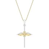 Round Lab Grown White Diamond Infinity Wings Cross Pendant with 18 inch Gold Chain for Women (0.14 ctw, Color H-I, Clarity SI2) in 18K Yellow Gold